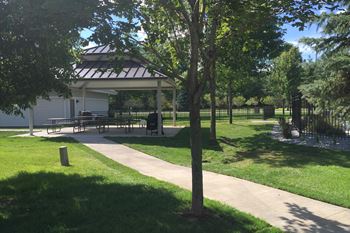Outdoor picnic area with covered tables and community BBQ grills.